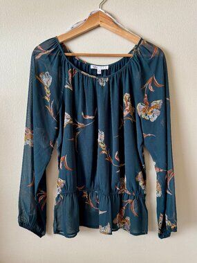 DR2 Daniel Rainn Sheer Teal Floral Long Sleeved Peplum Blouse - M